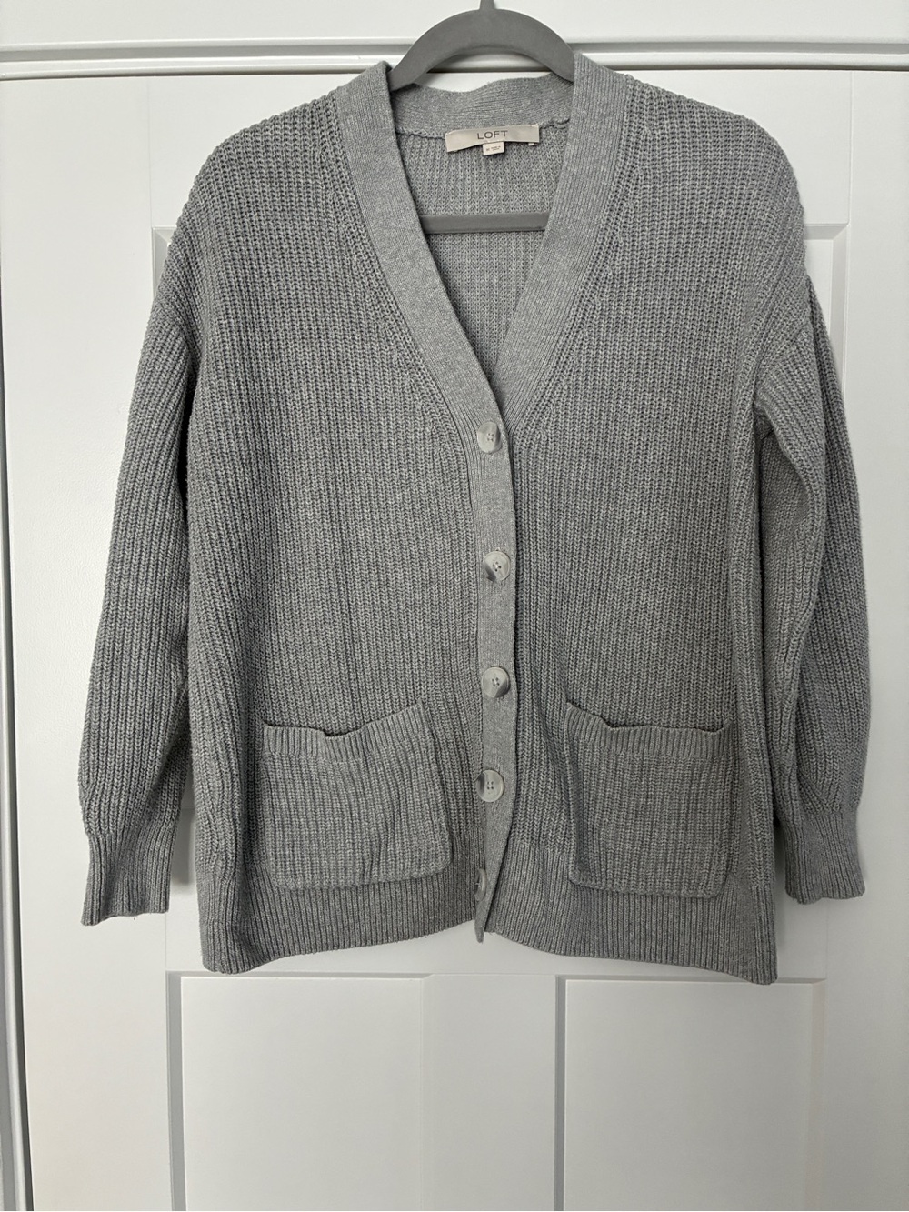 LOFT Gray Knit Button-Front Cardigan with Pockets
